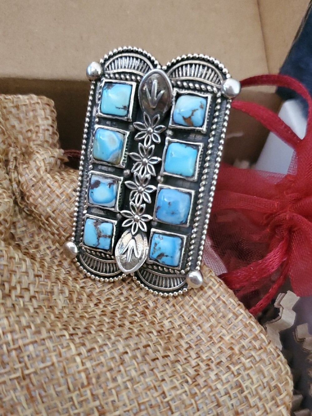Golden Hills Turquoise Square Stone Floral Stamped 925 Silver Ring Adjust. Band